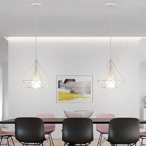 2PCS Moderne Lampe Suspension en Diamant Cage Blanc Lustre Luminaire Industrielle Style Nordique pour Salon Chambre (1/4)