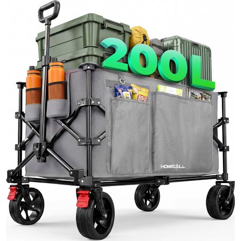 Homecall Bollerwagen Handwagen 200L XXL-Volumen mit praktischer Kühltasche, (Strandwagen Klappbar Transportwagen), Für Einkaufen, Camping, Garten, Dogs (grau)