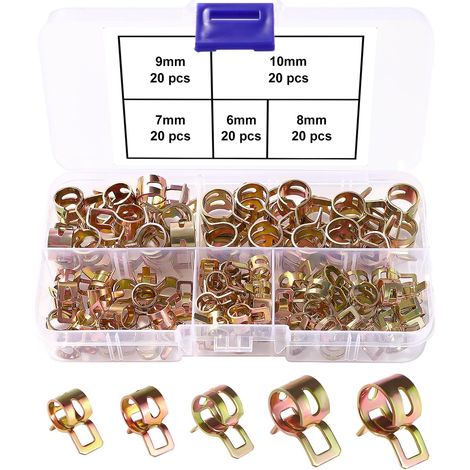 100 Pièces 6/7 / 8/9 / 10 mm Colliers de Serrage à Ressort Kit, Clips à Ressort Tuyau Serre-Joints à Tuyaux, Colliers de Serrage en Silicone pour Tuyau de Carburant, Or (1/5)