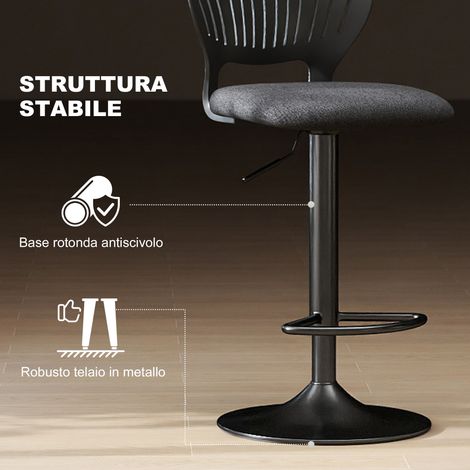 Lot de 2 Tabourets de Bar en Métal et Tissu Aspect Lin Respirant, Réglables en Hauteur 84-105 cm, avec Repose-pieds, Noir, 40.5x43 cm (1/5)