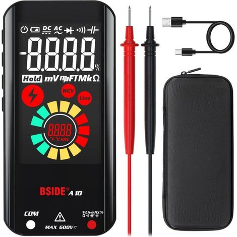BSIDE A10 Mini Multimètre Numérique Rechargeable Grand LCD Couleur 6000 Comptes Testeur Automatique de Tension Résistance et Continuité, Testeur Capacité Diode NCV avec Bip Sonore Lampe de poche (1/4)