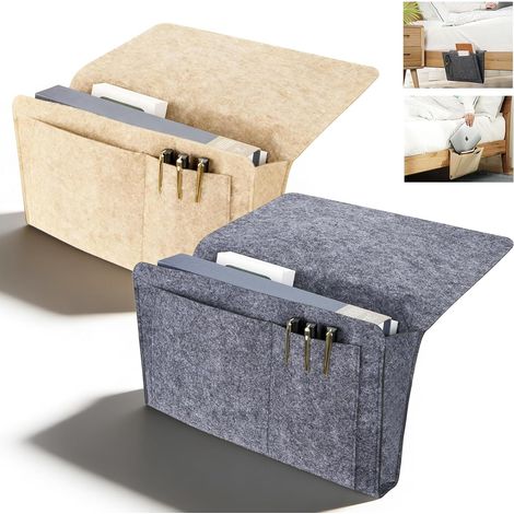Lot de 2 Organisateur de Chevet Suspendu en Feutre, Poche de Rangement Lit 5 Compartiments pour Téléphone Livre Télécommande, Sac de Chevet Antidérapant pour Canapé et Chambre (Noir, Gris Clair) (1/5)