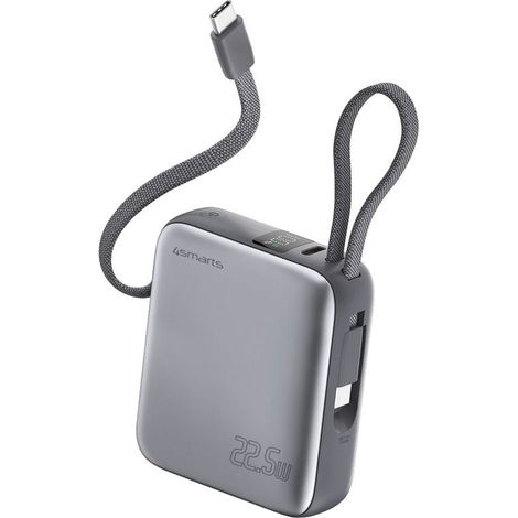 4smarts Pocket Powerbank mit Doppelkabel, 10000 mAh, 22,5 W, integriertem USB-C-Kabel (15 cm), grau