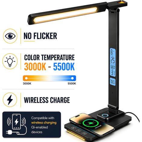 Professionelle LED-Schreibtischlampe, Augenschutz, Uhr, Thermometer, 5 Farbtemperaturen (3000–6000 K), faltbar, flimmerfrei, Nachtlicht, kabelloses Laden für Smartphones, Schwarz (1/5)