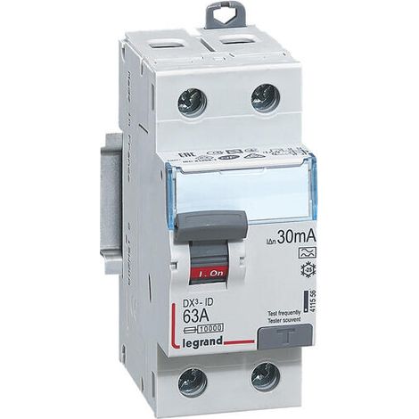Legrand – Interrupteur différentiel bipolaire 2P 230V 63A type A 30mA – Protection circuits spécialisés – Arrivée haute et départ bas à vis – 2 modules