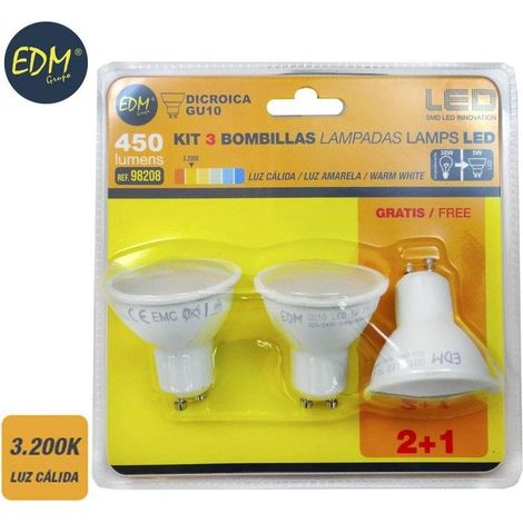 Kit 3 Bombillas LED EDM Dicroicas GU10 5W 450lm 3200K Luz Cálida Ø5x5,5cm