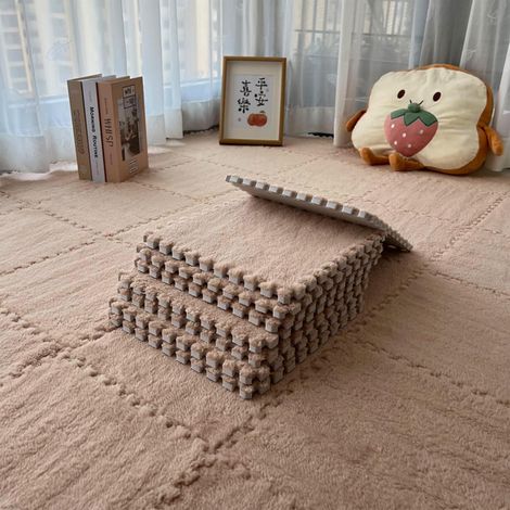 Lot de 12 tapis en mousse à emboîter Marron clair Tapis de sol bicolore avec bordure pour salon, chambre à coucher, tapis de jeu doux puzzle (1/5)