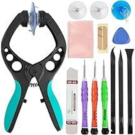 Kit d'outils de réparation 13 en 1, comprenant une pince d'ouverture d'écran LCD, un tournevis et une ventouse pour smartphones, tablettes et appareils de mécanique de précision.