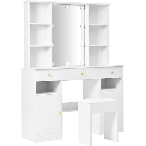 Grande Coiffeuse Blanche avec Miroir et LED Réglable, Meuble Maquillage avec Tabouret, 3 Tiroirs 2 Portes, 110x40x151 cm (1/5)