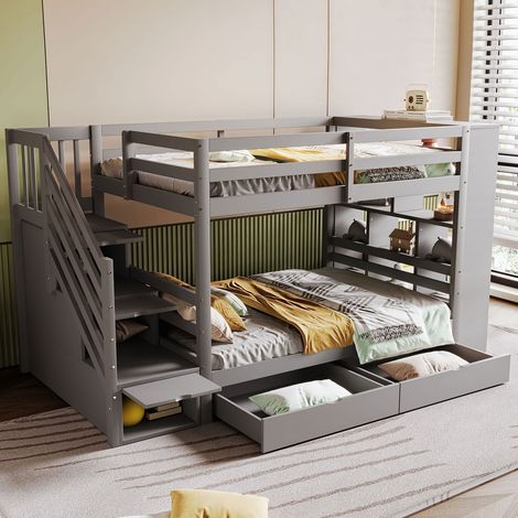 Lit superposé pin gris 90x200 cm avec échelle, tiroirs et casiers de rangement - Sécurité renforcée - lit enfant (sans Matelas) (1/5)