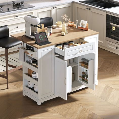 Isla de cocina 131.8×40-70×93.3 cm encimera extensible 120cm MDF cajones multifunción con ruedas color blanco natural (1/5)