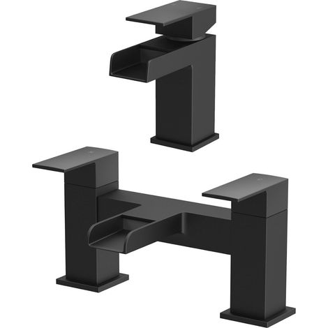 Bathroom Modern Black Waterfall Basin Sink Bath Mono Mixer Tap Taps Set Hot Cold (1/5)