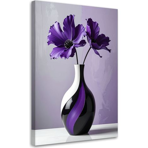 Quadro su tela, Fiori viola in un elegante vaso decorativo. - 60x90 (1/2)