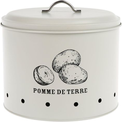 Boîte Metallique de Rangement pour Pomme de Terre - 8 Litres Ø 22.5 cm H 22 cm - Coloris Beige - Boîte de Rangement de Cuisine Coloris Beige Décor Pomme de Terre