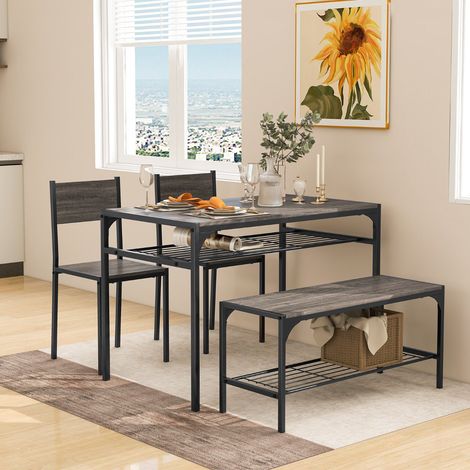 Juego de mesa de comedor rectangular con banco, 2 sillas y estante de almacenamiento. (1/5)