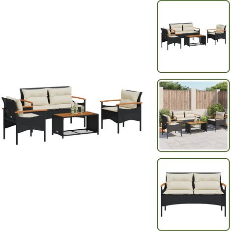 4-tlg. Garten-Sofagarnitur mit Kissen Schwarz Poly Rattan - Gartenmöbel - Esstischgarnitur - Outdoor-Set - Balkonmöbel - Lounge Set