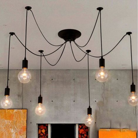6 Tête Lustre Suspension Vintage Rétro LOFT Plafonnier Araignee Pendentif Noir (1/5)