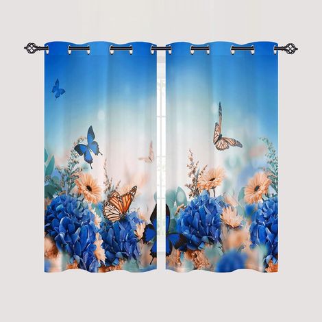 Rideau Occultant Jaune Bleu Fleur Papillon Tenture Opaque à Oeillets Draperies Intérieurs Rideau Thermique Isolant pour Maison Chambre Salon Fenetre 2 Pièces L 60 x H 90 cm - 60L X 90H cm (2 Panneaux) (1/5)