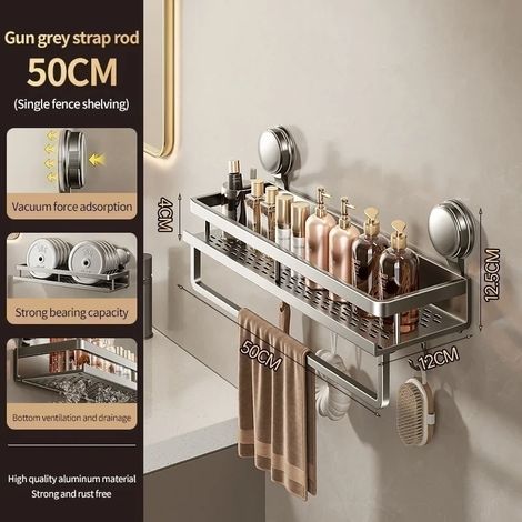 Barre de 50 cm grise XP - Support mural de salle de bain à ventouses adhésives (sans perçage) (1/5)