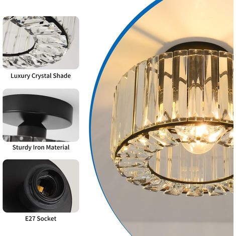 Plafonnier en Cristal Noir, E26 Lustre Salon Moderne, Plafonnier Chambre Ø240mm, Luminaire Intérieur Cuisine, Salle à Manger
