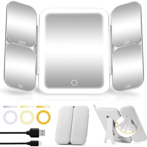 Miroir de maquillage lumineux à trois volets avec grossissement 30X/20X/10X/5X et grossissement 1X, miroir de maquillage de comptoir avec lumières pour voyage, bureau et usage domestique