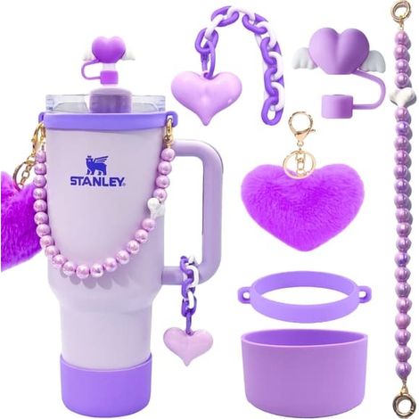 Ensemble d'accessoires pour gobelet, chaîne de perles, cordelette, chapeau de paille à motif bégonia, manchon en silicone et pendentif pompon en forme de cœur violet (6 pièces) (1/5)
