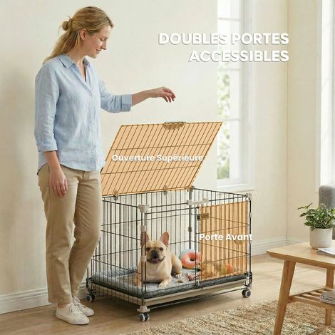 Cage pour Chien, Plateau Amovible, Roues avec Freins, Toit Ouvrant Verrouillable, 60,5x45,5x54,5cm, Noir (1/5)