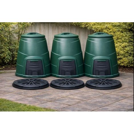 220L Green Garden Compost Bins with Base Plates Outdoor, 3 Pack