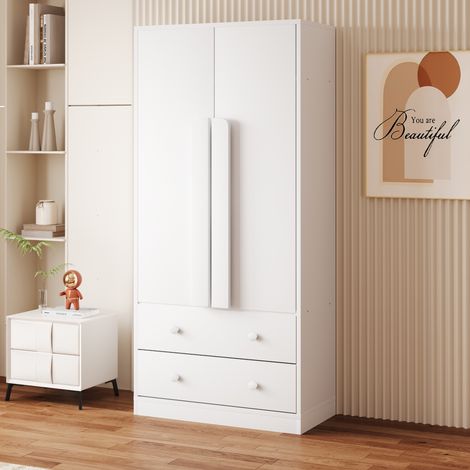 Kleiderschrank fürs Schlafzimmer, Garderobenschrank zur Kleideraufbewahrung mit Kleiderstange, Holzschrank im modernen skandinavischen Stil mit 2 Türen und Schubladen, 70 × 40 × 170 cm, Weiß (1/5)
