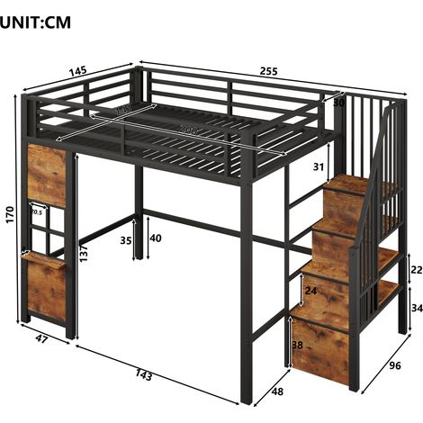 Lit mezzanine 140x200 cm, cadre en fer, échelle avec rangement, espace de stockage ouvert sous le lit, design fenêtre, garde-corps de sécurité, sans matelas, noir (1/5)