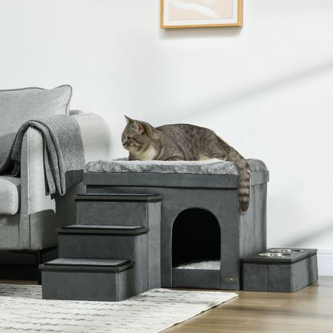 Maison pour chat, niche pour chat, grotte pour chat, 3 escaliers pour animaux, 2 gamelles, 70 x 50 x 51 cm, gris (1/5)
