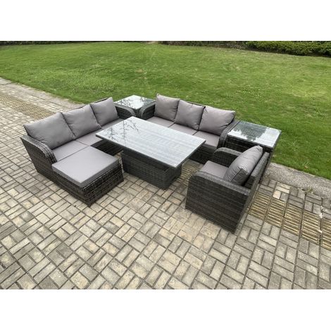 Fimous Outdoor Rattan Garden Furniture Sets Height Adjustable Rising lifting Dining Table Sofa Set with Reclining Chair Side Table Big Footstool Dark Grey Mixed