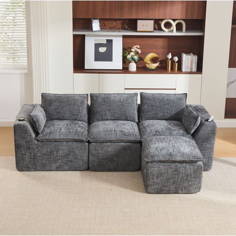 Canapé modulaire 256x161x75 cm gris foncé en chenille avec pouf, poches latérales et coussins (1/5)