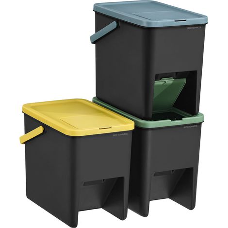 Poubelles de Tri pour la Cuisine, Lot de 3, Empilables, 20 L, Recyclage, Couvercles à Ouverture par Pression, Autocollants, Coffre de Rangement, Jaune, Bleu et Vert LTB763BZ01 (1/5)