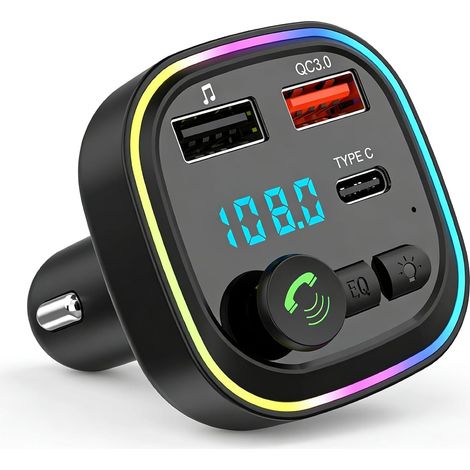 Transmetteur FM Bluetooth Voiture, Allume Cigare Bluetooth, Kit MP3 sans Fil à Charge Rapide QC3.0, 2 Ports USB 5V/3A, Chargeur Rapide de Voiture PD 20W QC3.0+Type C, Support Carte TF/USB (1/5)