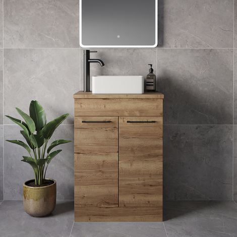 Napoli 390 Tobacco Oak 600mm 2 Door Vanity Unit for Countertop Basins - 600mm - Matt Black 160mm Handle