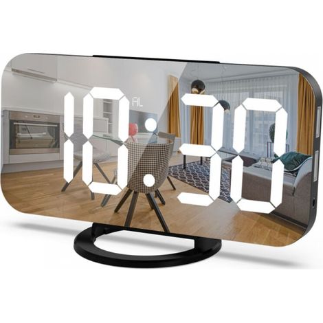Reloj despertador digital, pantalla de 6,5" con atenuación, brillo ajustable, 2 puertos de carga USB (texto blanco sobre fondo negro) (1/4)