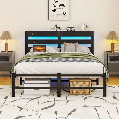 Cama dormitorio con LED y USB de metal negra OKMYHOME (1/5)