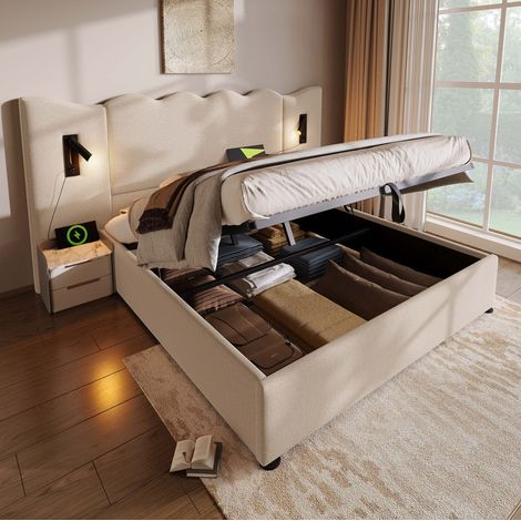 Lit coffre 160x200 cm en lin beige avec lampe de lecture et USB-C, gain de place – MEUBLIV (1/5)