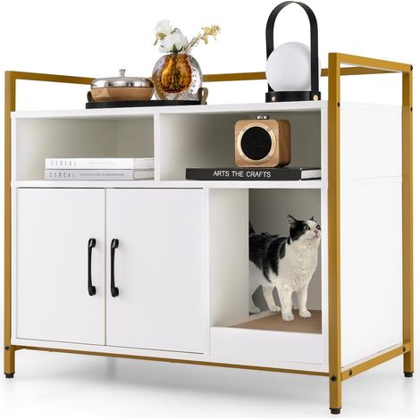 Goplus – Maisonnette pour chat 89 x 45 x 74,5 cm – Armoire en acier avec 2 compartiments et griffoir – Blanc (1/5)