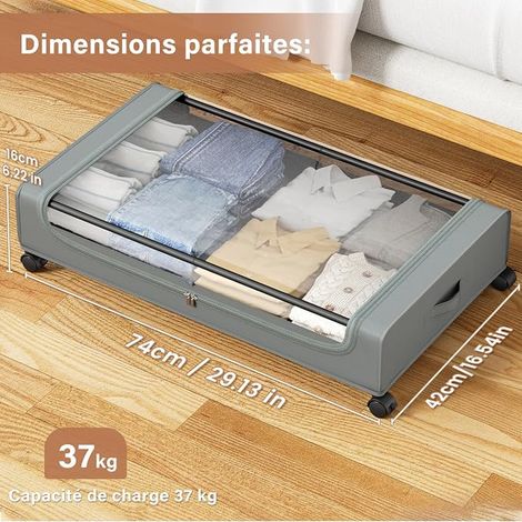 boîtes de rangement sous le lit à roulettes avec couvercle transparent, cadre en tissu et métal, tiroirs pour vêtements, couvertures, chaussures, jouets, gris (1/4)