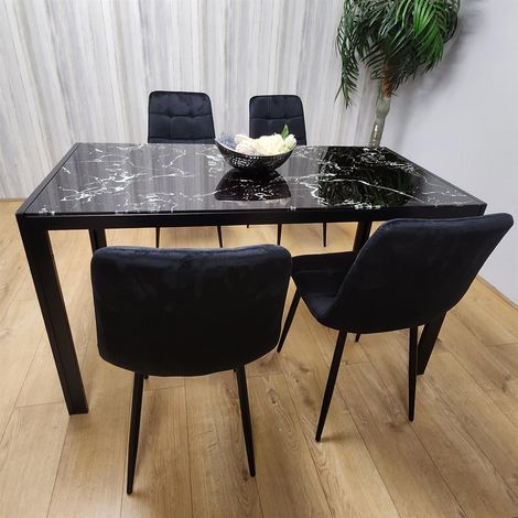 Dining Table and 4 Chairs Black Marble Effect Glass 4 Velvet Black Chairs Dining Room Furniture (1/5)