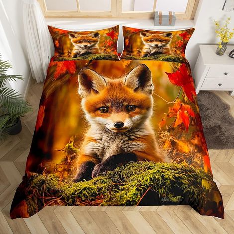 Fox Wildlife Print Duvet Cover 140 x 200 cm Children's Cute Fox Bedding Set Natural Animal Design for Girls and Boys, Pillowcase 65 x 65 cm (1/5)