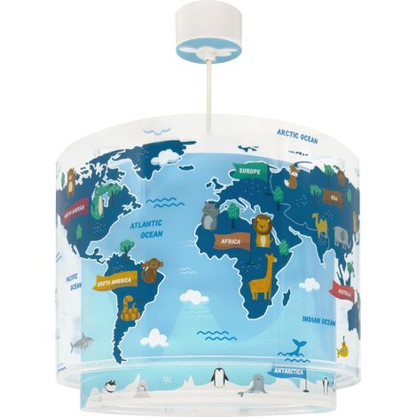 Lustre Chambre Lampe Suspension Plafonnier Pour Enfants, Kids World Carte Monde Planète, 40672M, E27, Bleu (1/5)