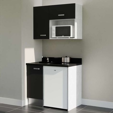 Kitchenette 100 cm K00 Noir - Plan monobloc évier à gauche coloris Nero - plaque de cuisson, frigo et micro-ondes Blanc inclus (1/5)