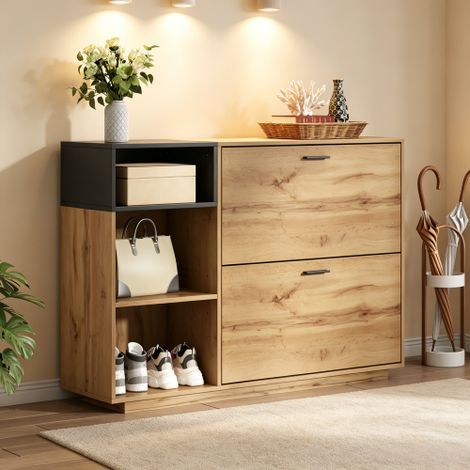 Modernluxe - Meuble à chaussures 120x32x84,5 cm - 2 portes abattantes et 3 étagères ouvertes - Aspect bois - MDF - Naturel + noir (1/5)
