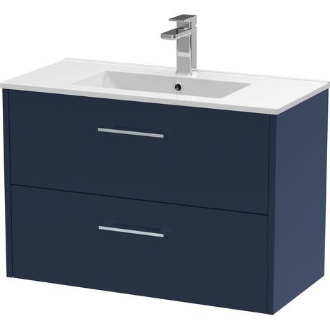 Winshill Contemporary 2 Drawer Wall Hung Vanity Unit with Minimalist Basin, Dark Blue, 800mm