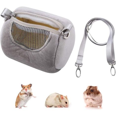 Sac de transport pour hamster nain, sac cylindrique portable d'extérieur isolé avec bandoulière réglable (gris)