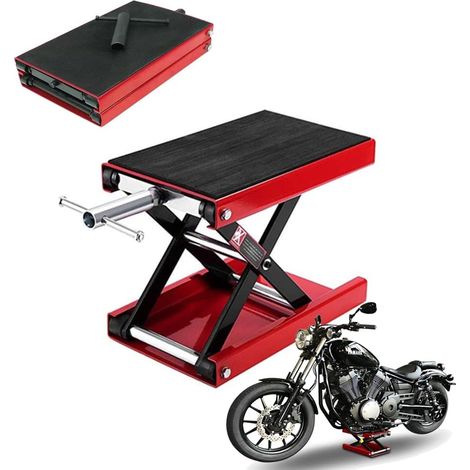 Motorcycle Jack Lift 1100LBS/ 500KG Capacity Widened Platform Solid Steel Center Scissor Jack Height Adjustable 9.2-38cm/ 3.6"-15", Professional Repair Tools Motobike Lifting Table, Red