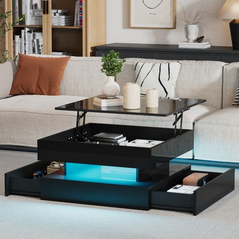 Table Basse Relevable - 65x65x38.5cm - Plateau Hydraulique Coffre 2 Tiroirs Éclairage LED APP Effet Brillant Salon - Noir (1/5)